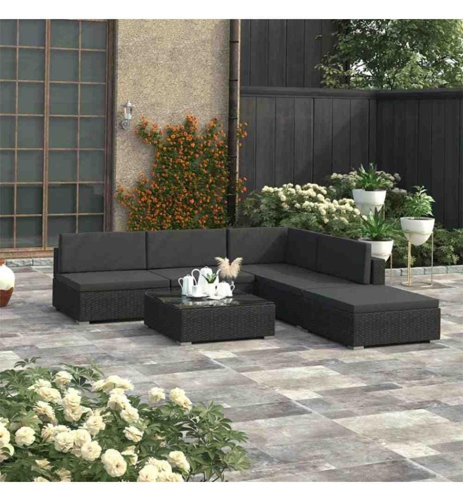 6-tlg. Garten-Lounge-Set Schwarz mit Auflagen Poly Rattan