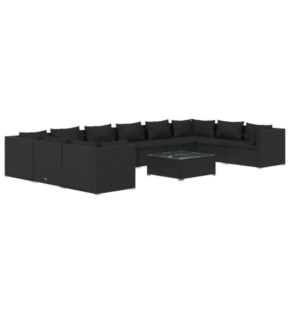 11-tlg. Garten-Lounge-Set mit Kissen Poly Rattan Schwarz