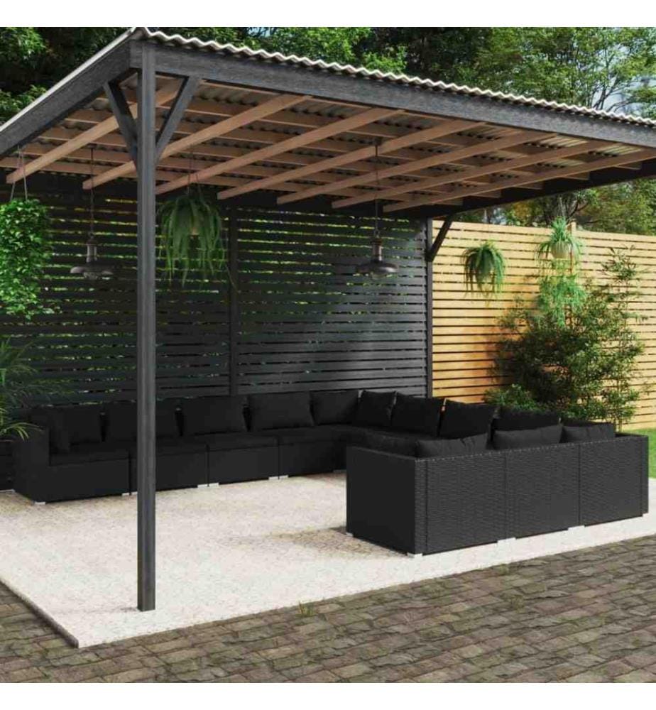 11-tlg. Garten-Lounge-Set mit Kissen Poly Rattan Schwarz