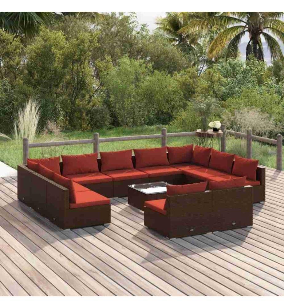 Salon de jardin 12 pcs avec coussins Marron Résine tressée