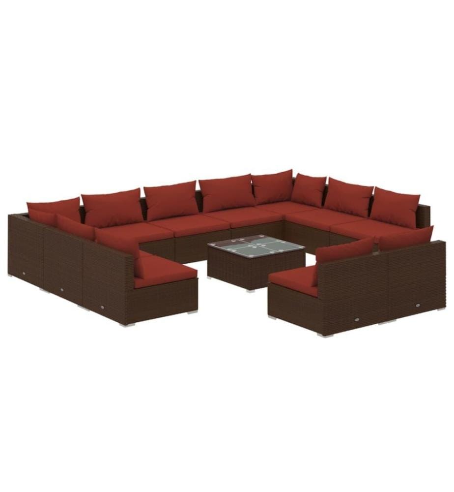 Salon de jardin 12 pcs avec coussins Marron Résine tressée