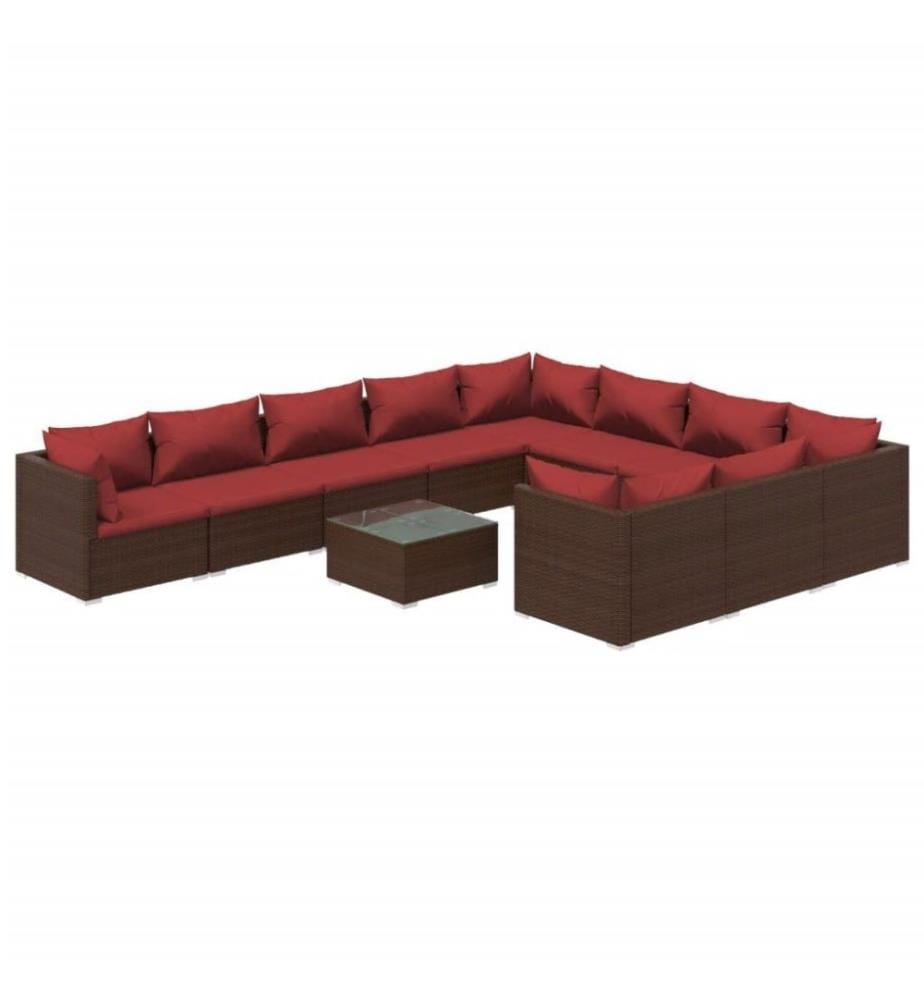 Salon de jardin 11 pcs avec coussins Résine tressée Marron
