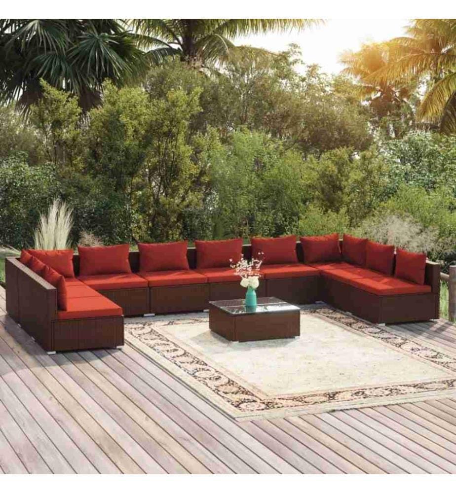 11-tlg. Garten-Lounge-Set mit Kissen Poly Rattan Braun