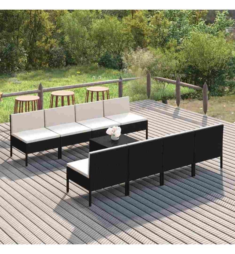 9-tlg. Garten-Lounge-Set mit Auflagen Poly Rattan Schwarz