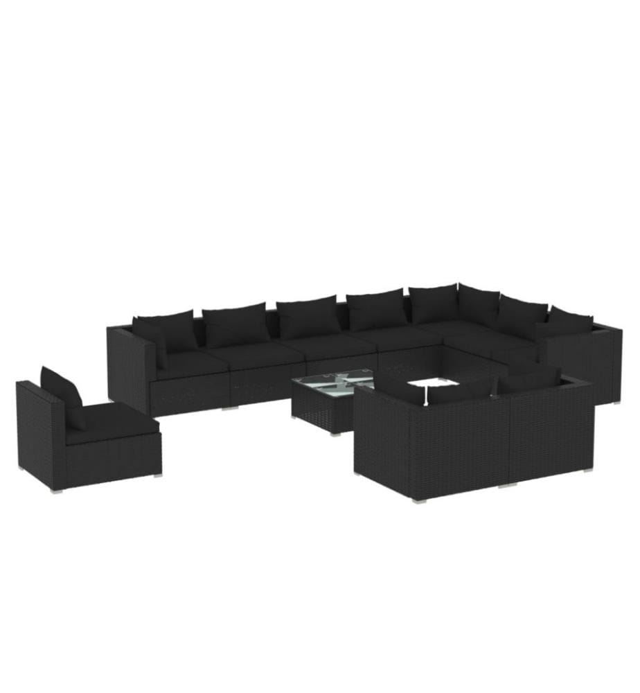 11-tlg. Garten-Lounge-Set mit Kissen Poly Rattan Schwarz