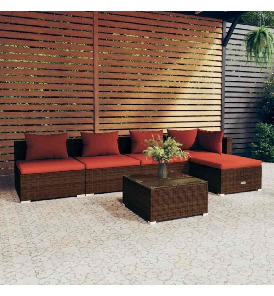 6-tlg. Garten-Lounge-Set mit Kissen Poly Rattan Braun
