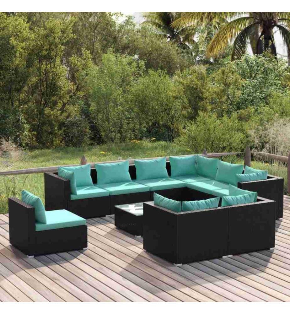 10-tlg. Garten-Lounge-Set mit Kissen Poly Rattan Schwarz