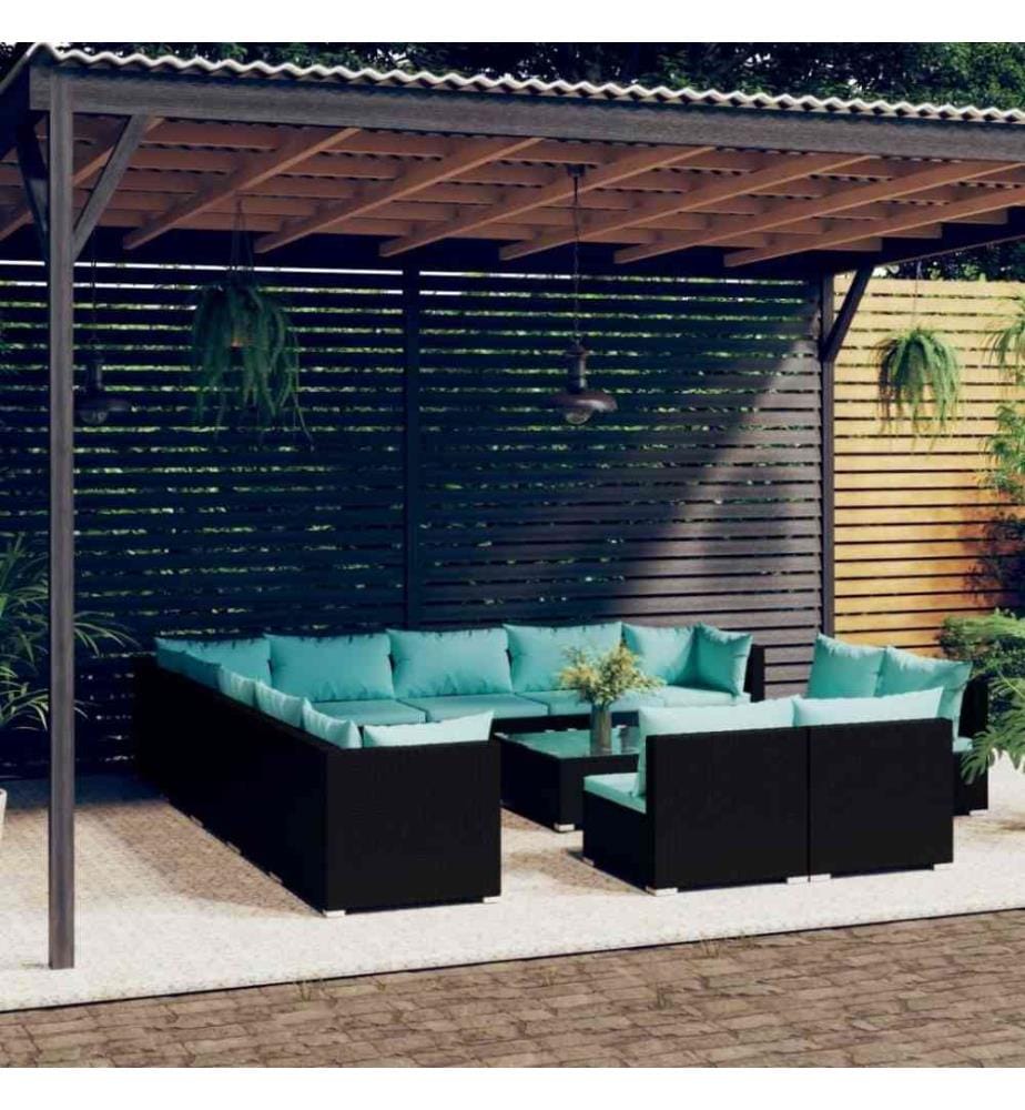 14-tlg. Garten-Lounge-Set mit Kissen Schwarz Poly Rattan