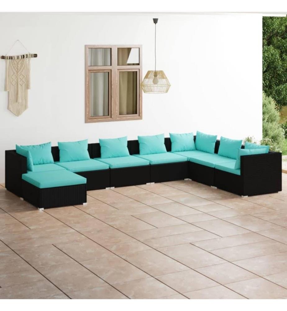 8-tlg. Garten-Lounge-Set mit Kissen Poly Rattan Schwarz