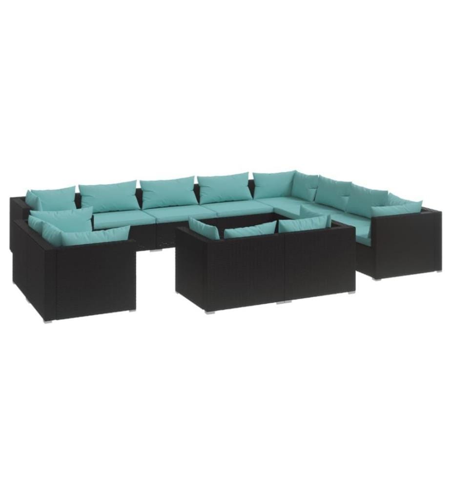 Salon de jardin 12 pcs avec coussins Noir Résine tressée
