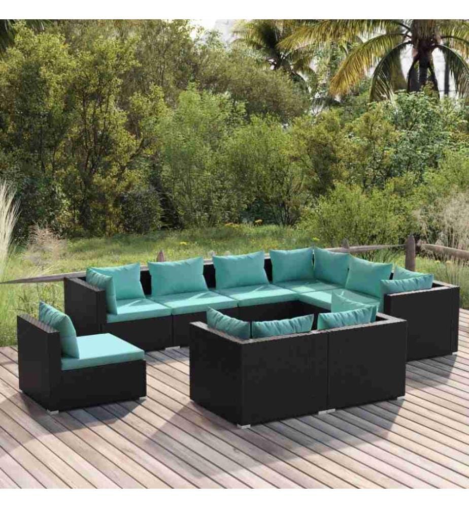 9-tlg. Garten-Lounge-Set mit Kissen Poly Rattan Schwarz