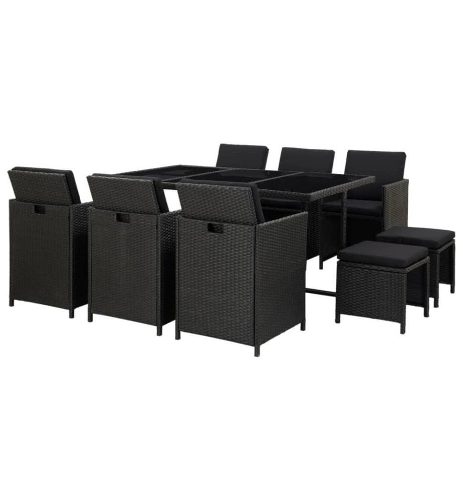 Salon de jardin 11 pcs avec coussins Résine tressée Noir