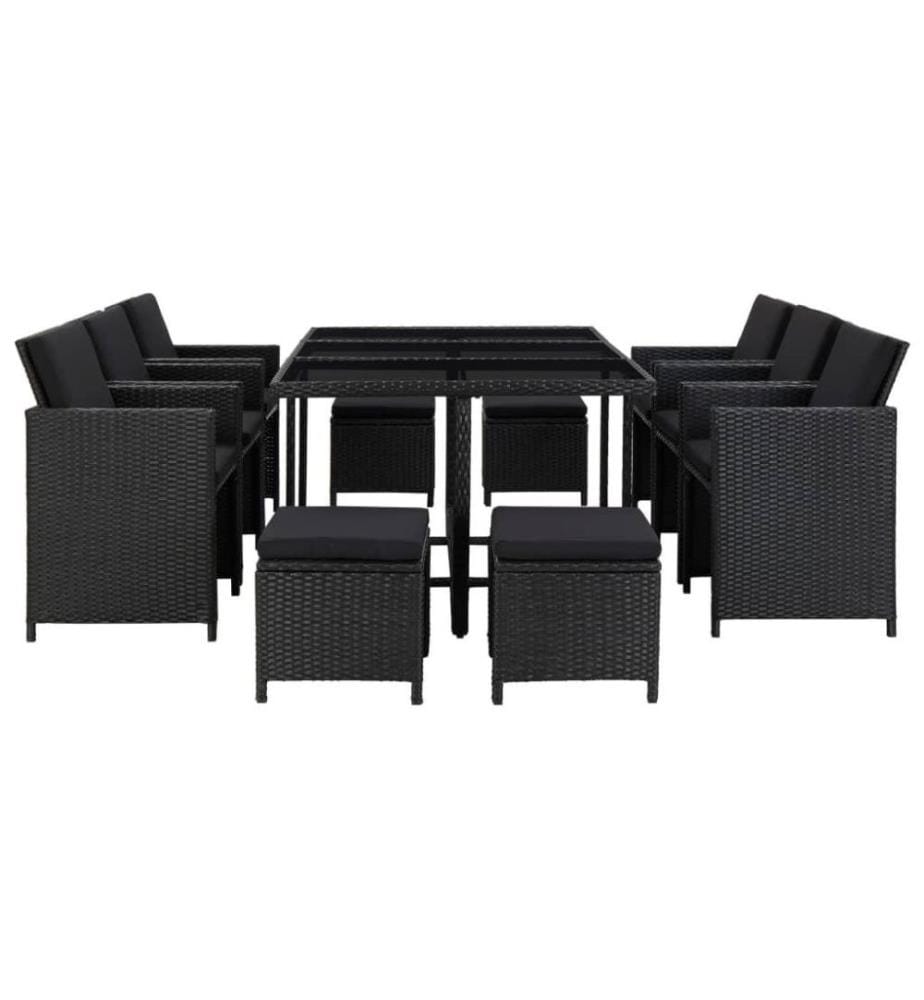 Salon de jardin 11 pcs avec coussins Résine tressée Noir
