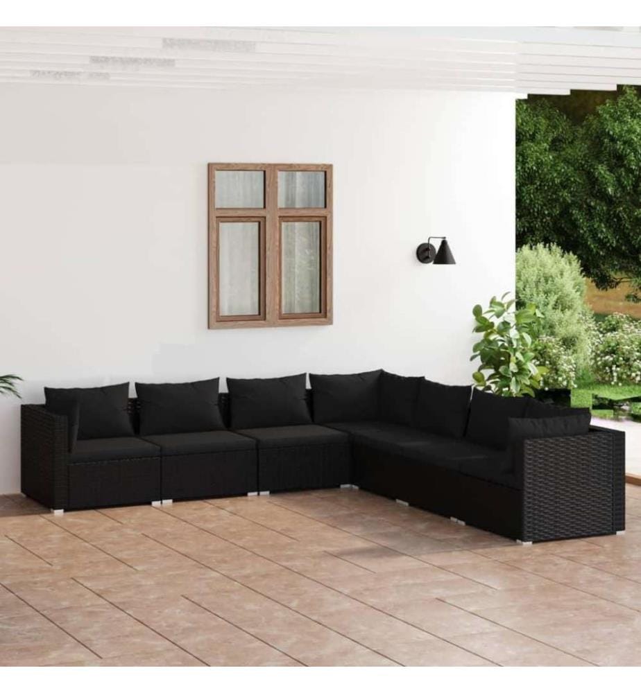 7-tlg. Garten-Lounge-Set mit Kissen Poly Rattan Schwarz