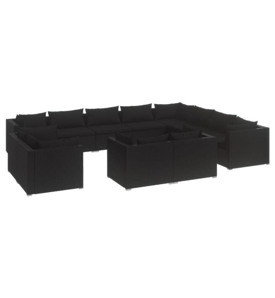 12-tlg. Garten-Lounge-Set mit Kissen Schwarz Poly Rattan