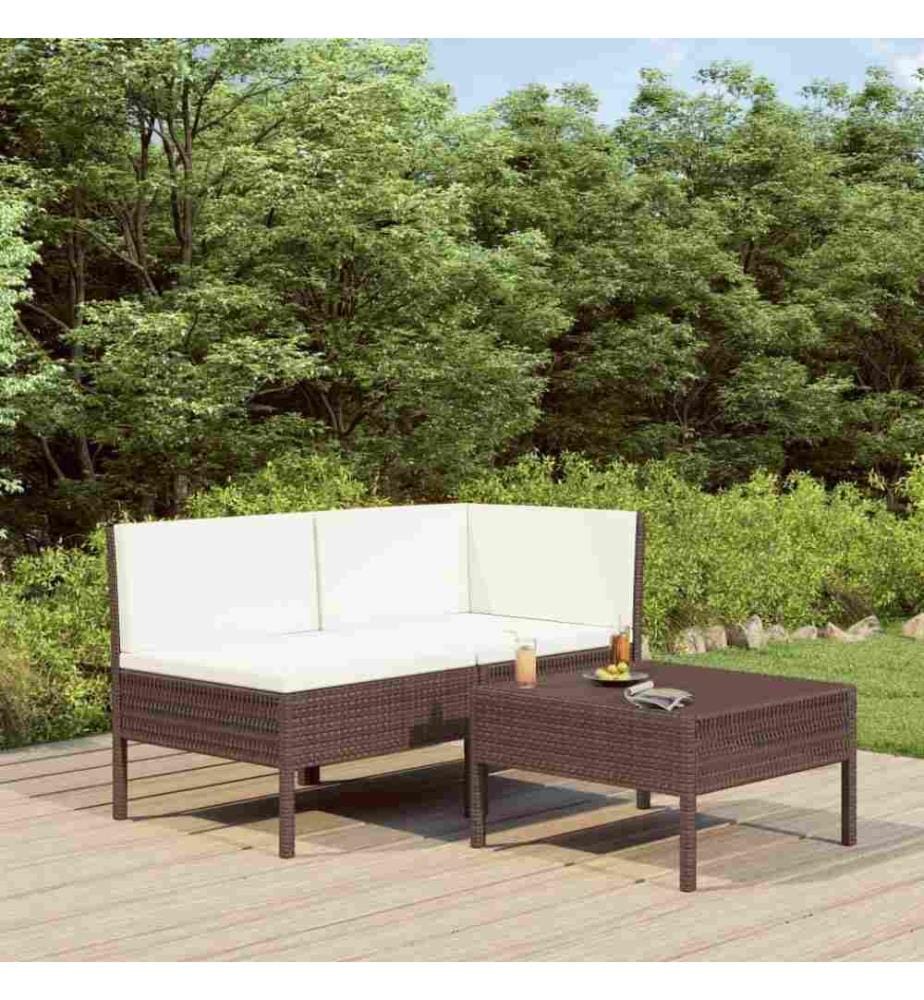 3-tlg. Garten-Lounge-Set mit Auflagen Poly Rattan Braun