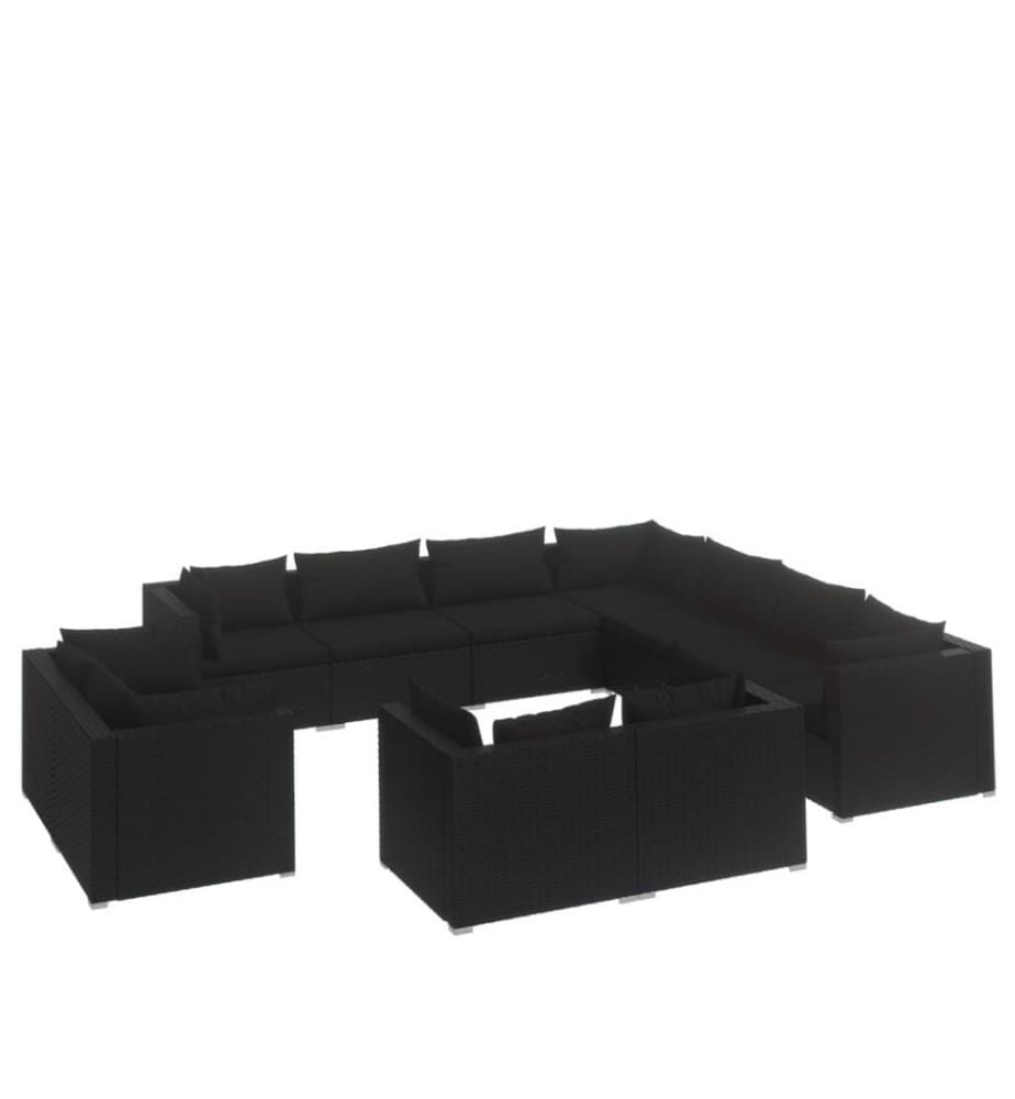 11-tlg. Garten-Lounge-Set mit Kissen Schwarz Poly Rattan