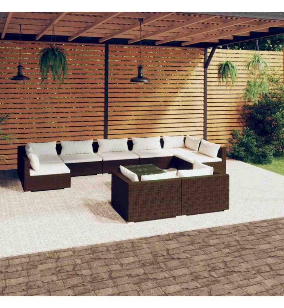 10-tlg. Garten-Lounge-Set mit Kissen Braun Poly Rattan