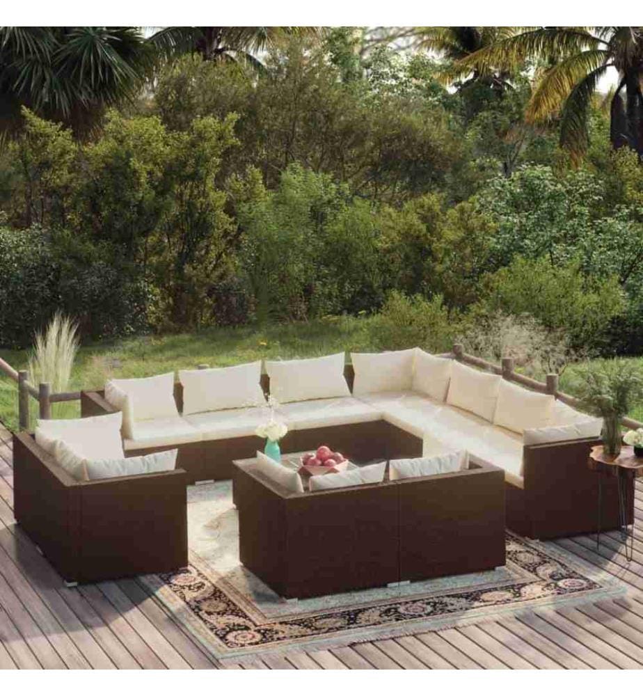 12-tlg. Garten-Lounge-Set mit Kissen Braun Poly Rattan