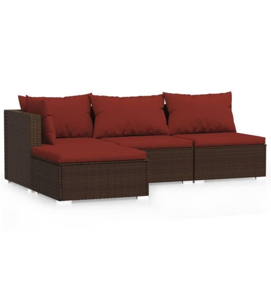 4-tlg. Garten-Lounge-Set mit Kissen Braun Poly Rattan