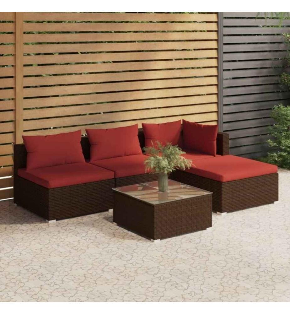 Salon de jardin 5 pcs avec coussins Résine tressée Marron