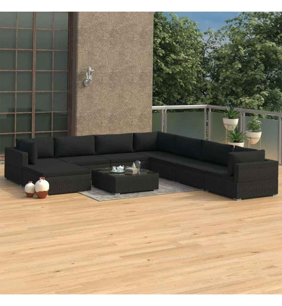 9-tlg. Garten-Lounge-Set mit Auflagen Poly Rattan Schwarz