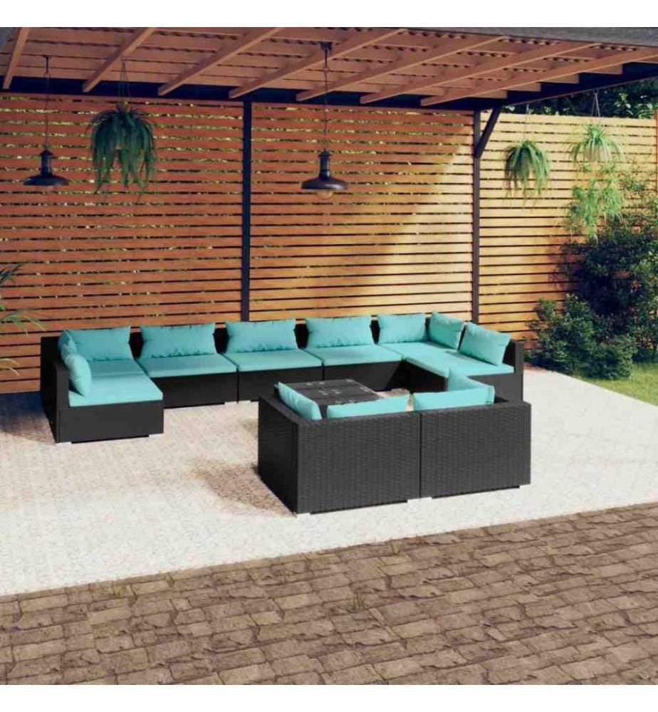 10-tlg. Garten-Lounge-Set mit Kissen Schwarz Poly Rattan