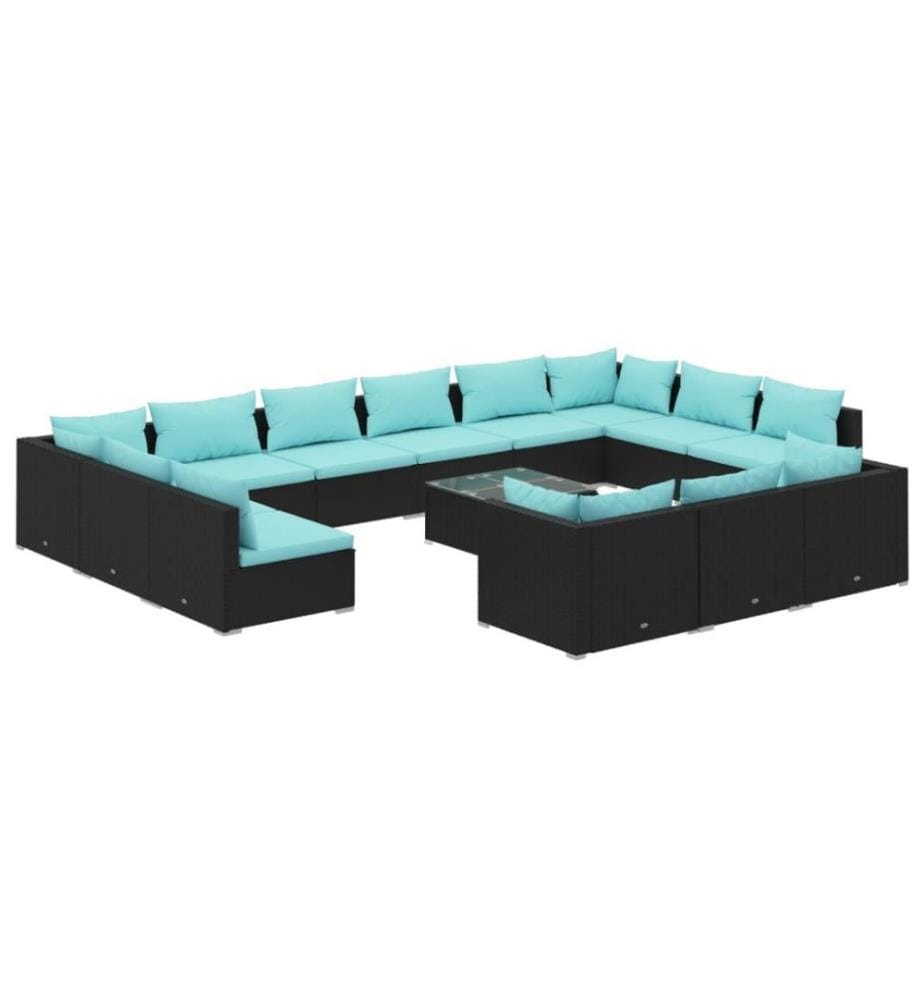 14-tlg. Garten-Lounge-Set mit Kissen Schwarz Poly Rattan