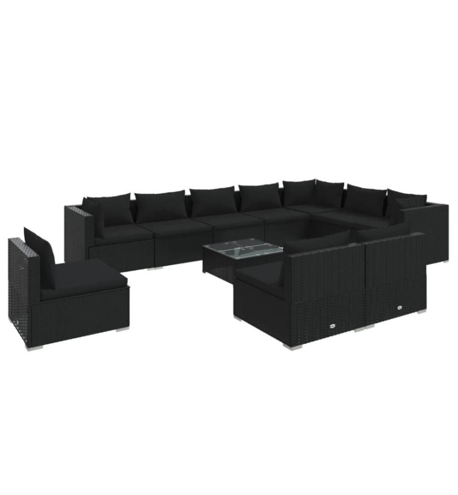 11-tlg. Garten-Lounge-Set mit Kissen Poly Rattan Schwarz