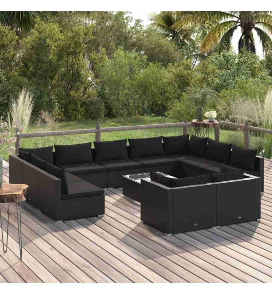 12-tlg. Garten-Lounge-Set mit Kissen Schwarz Poly Rattan
