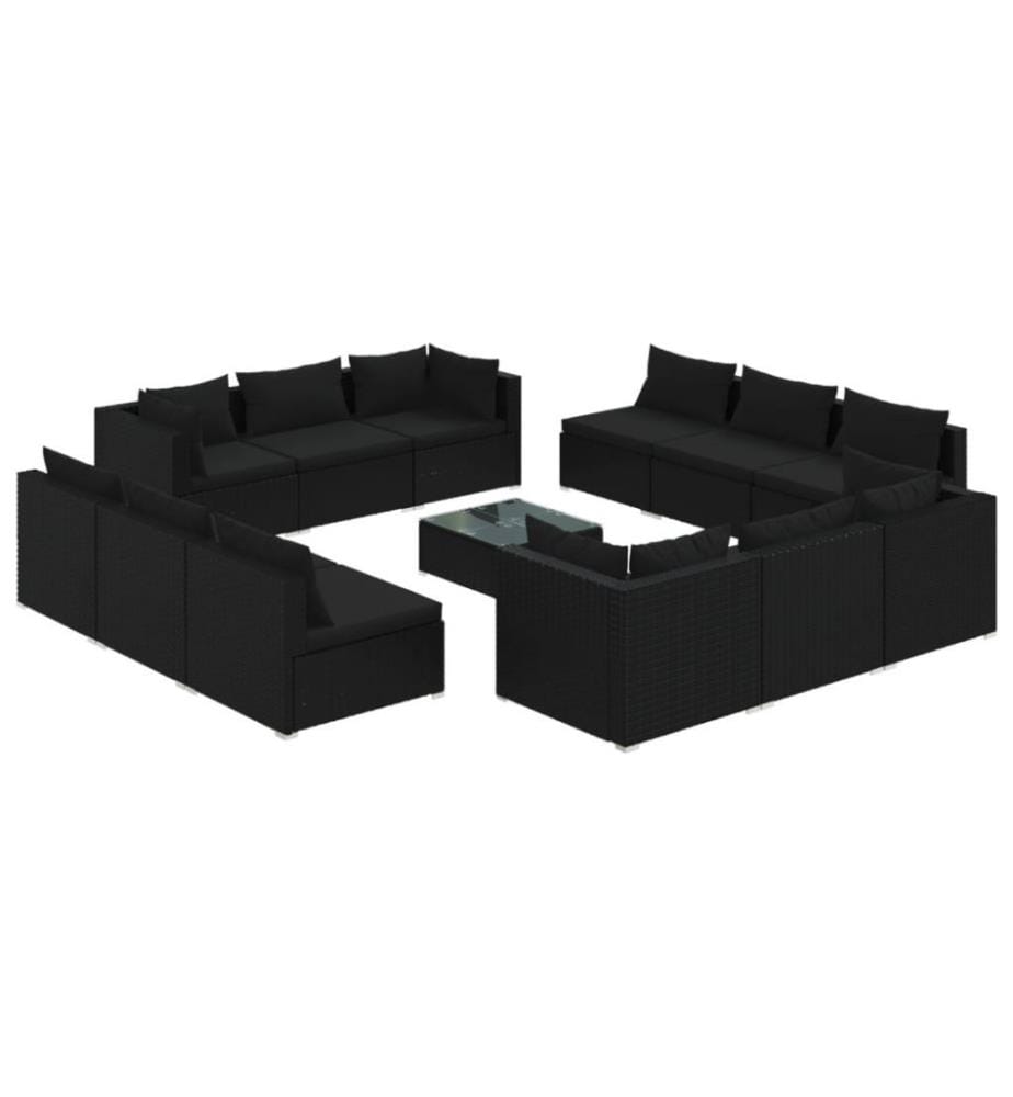 13-tlg. Garten-Lounge-Set mit Kissen Poly Rattan Schwarz
