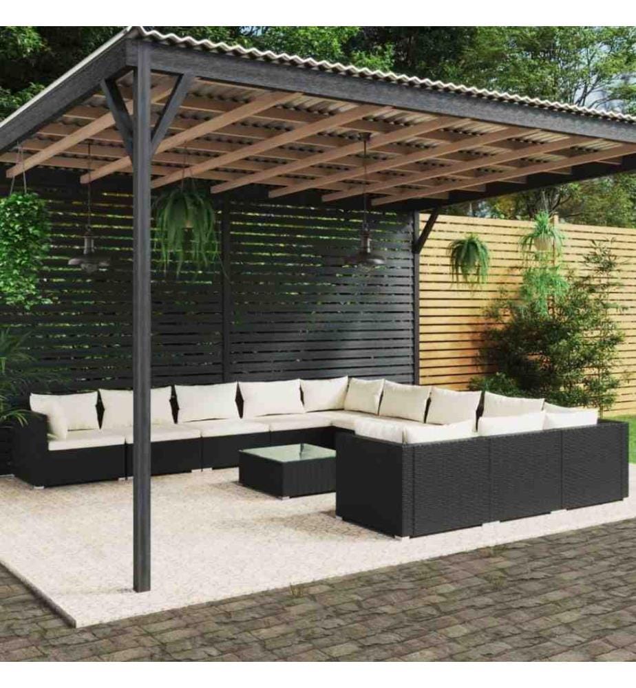12-tlg. Garten-Lounge-Set mit Kissen Poly Rattan Schwarz