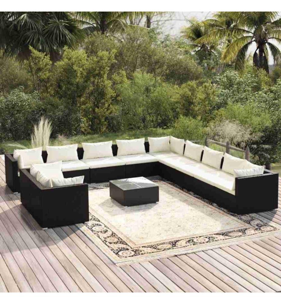 12-tlg. Garten-Lounge-Set mit Kissen Schwarz Poly Rattan
