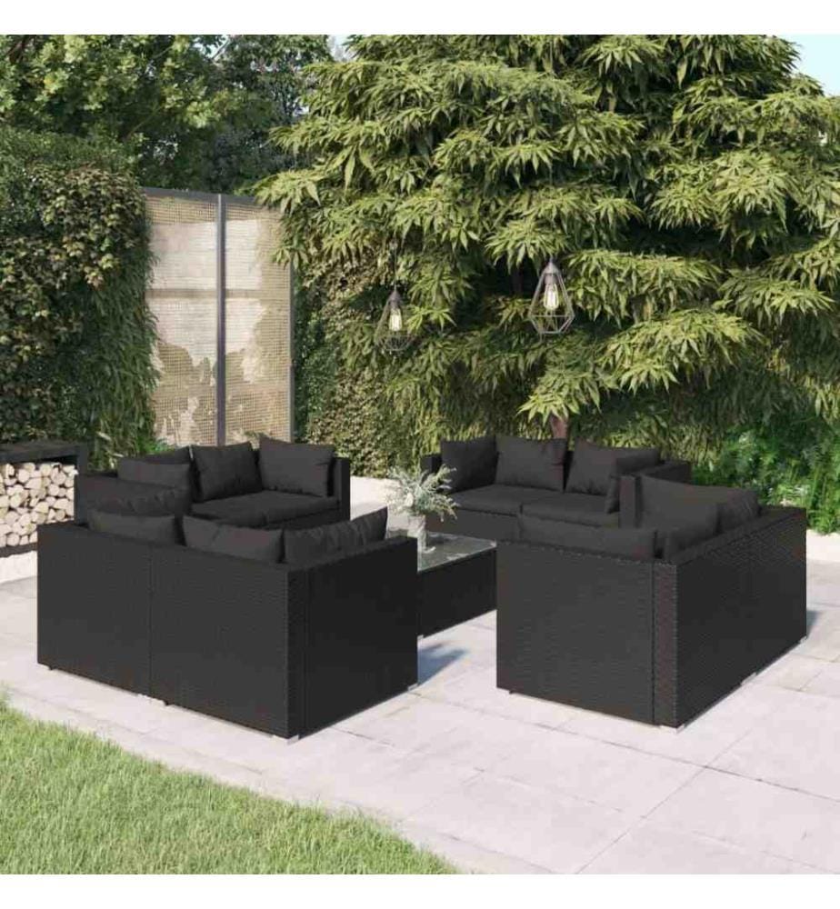 9-tlg. Garten-Lounge-Set mit Kissen Poly Rattan Schwarz