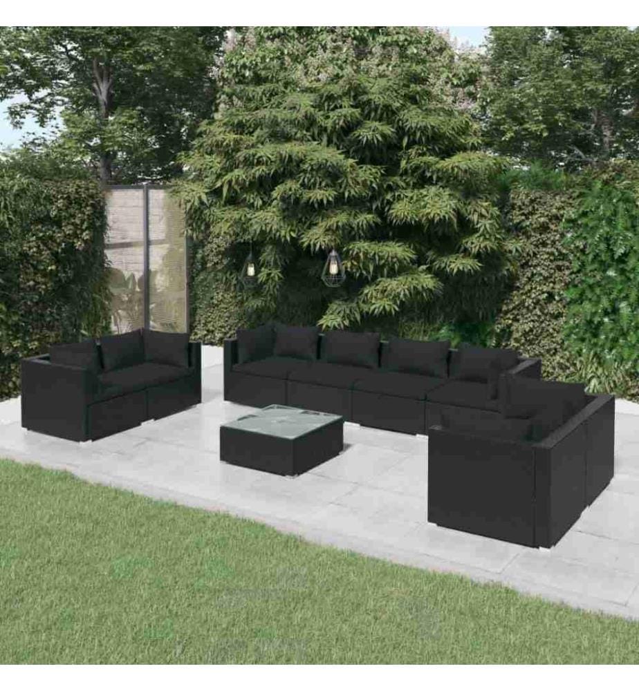 9-tlg. Garten-Lounge-Set mit Kissen Poly Rattan Schwarz