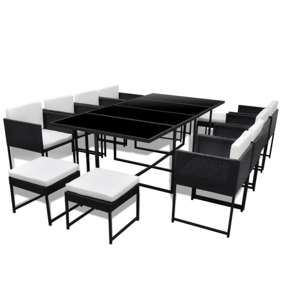 13-tlg. Garten-Essgruppe mit Auflagen Poly Rattan Schwarz