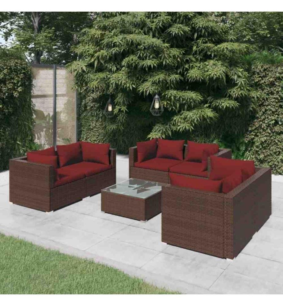 Salon de jardin 7 pcs avec coussins Résine tressée Marron
