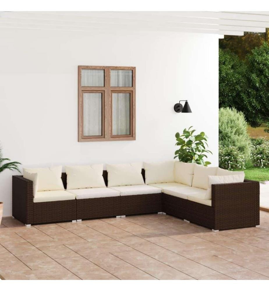 6-tlg. Garten-Lounge-Set mit Kissen Poly Rattan Braun