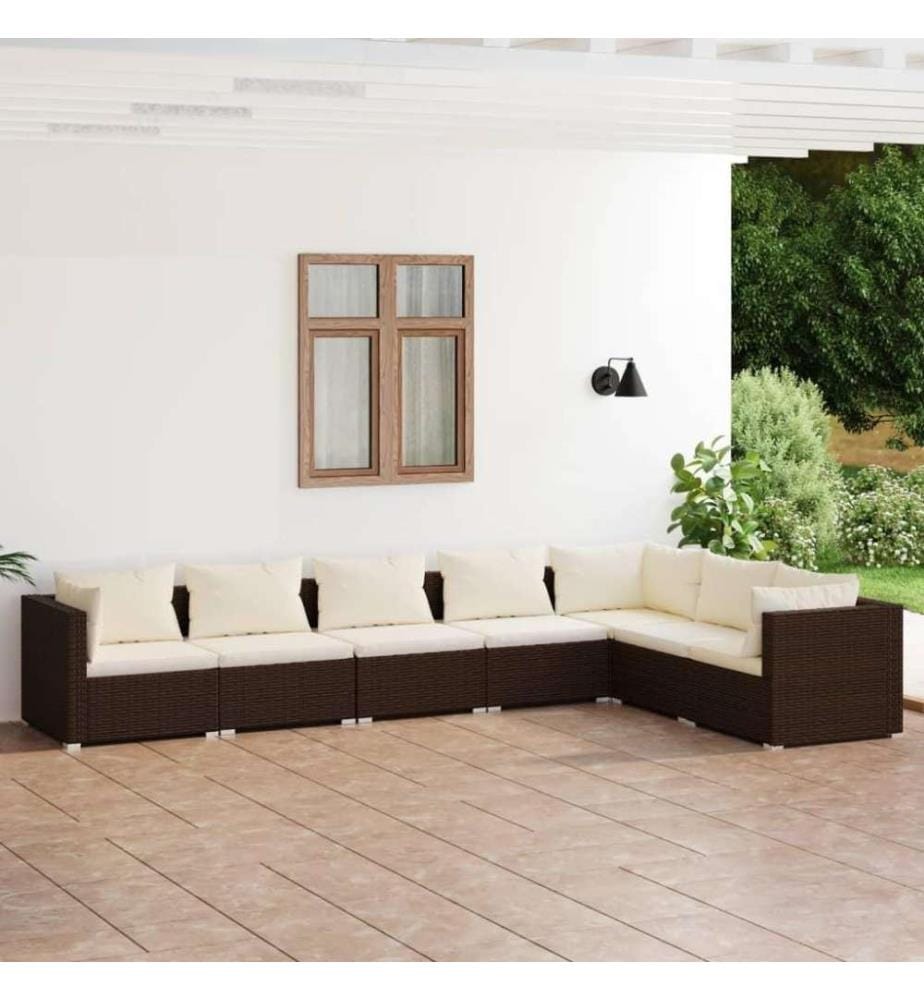 7-tlg. Garten-Lounge-Set mit Kissen Poly Rattan Braun