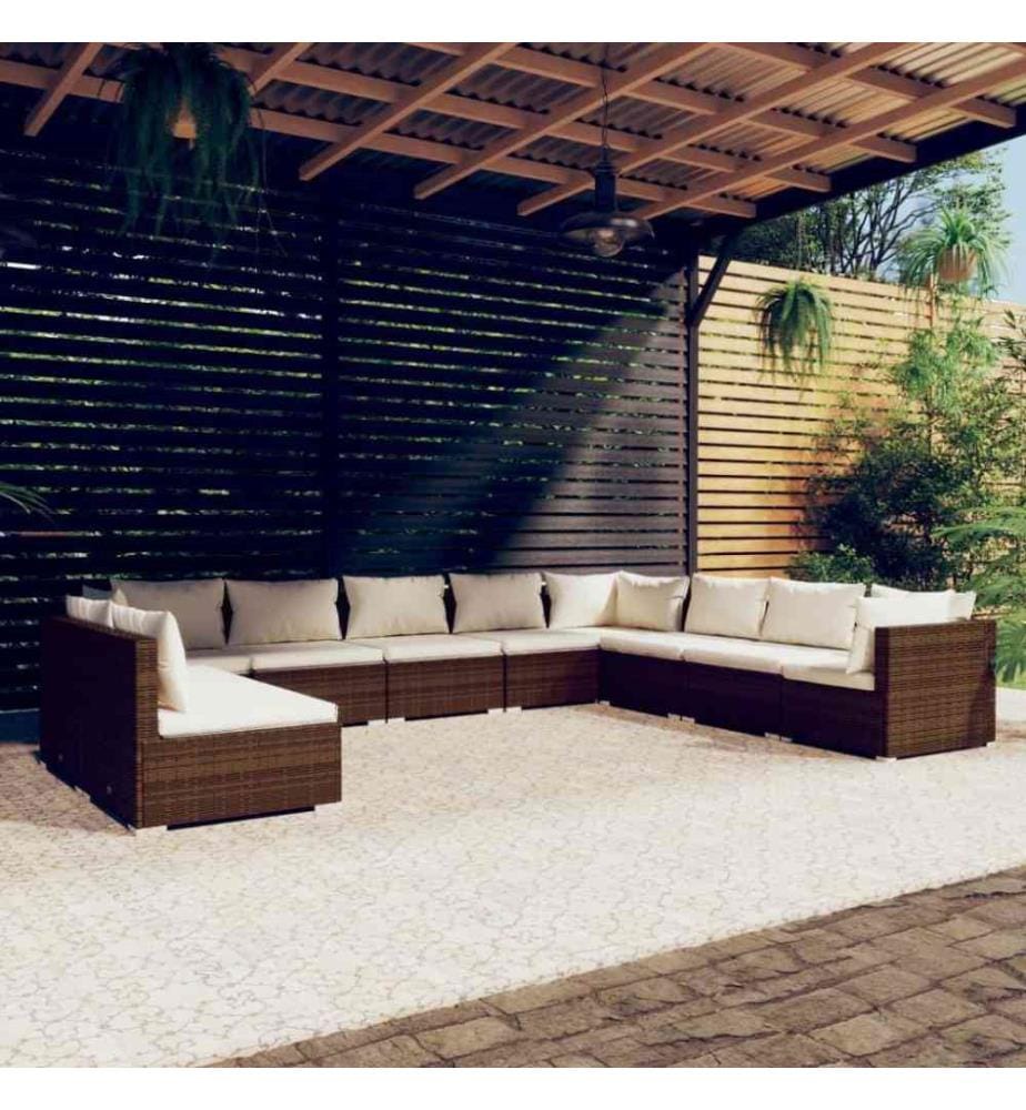 Salon de jardin 10 pcs avec coussins Marron Résine tressée
