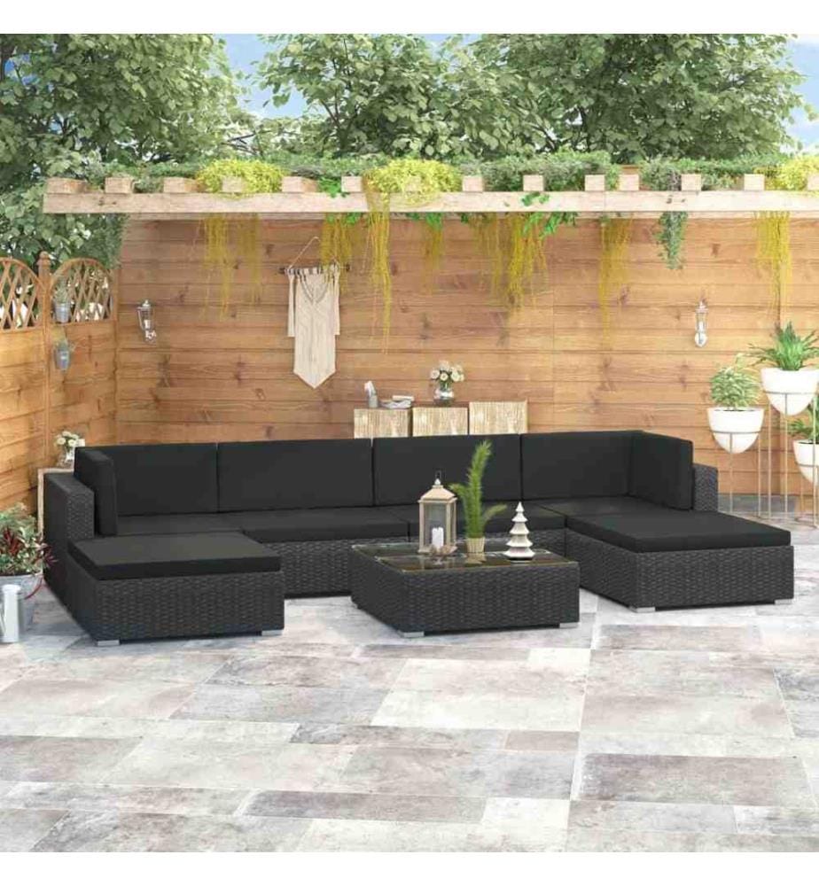 7-tlg. Garten-Lounge-Set mit Auflagen Poly Rattan Schwarz