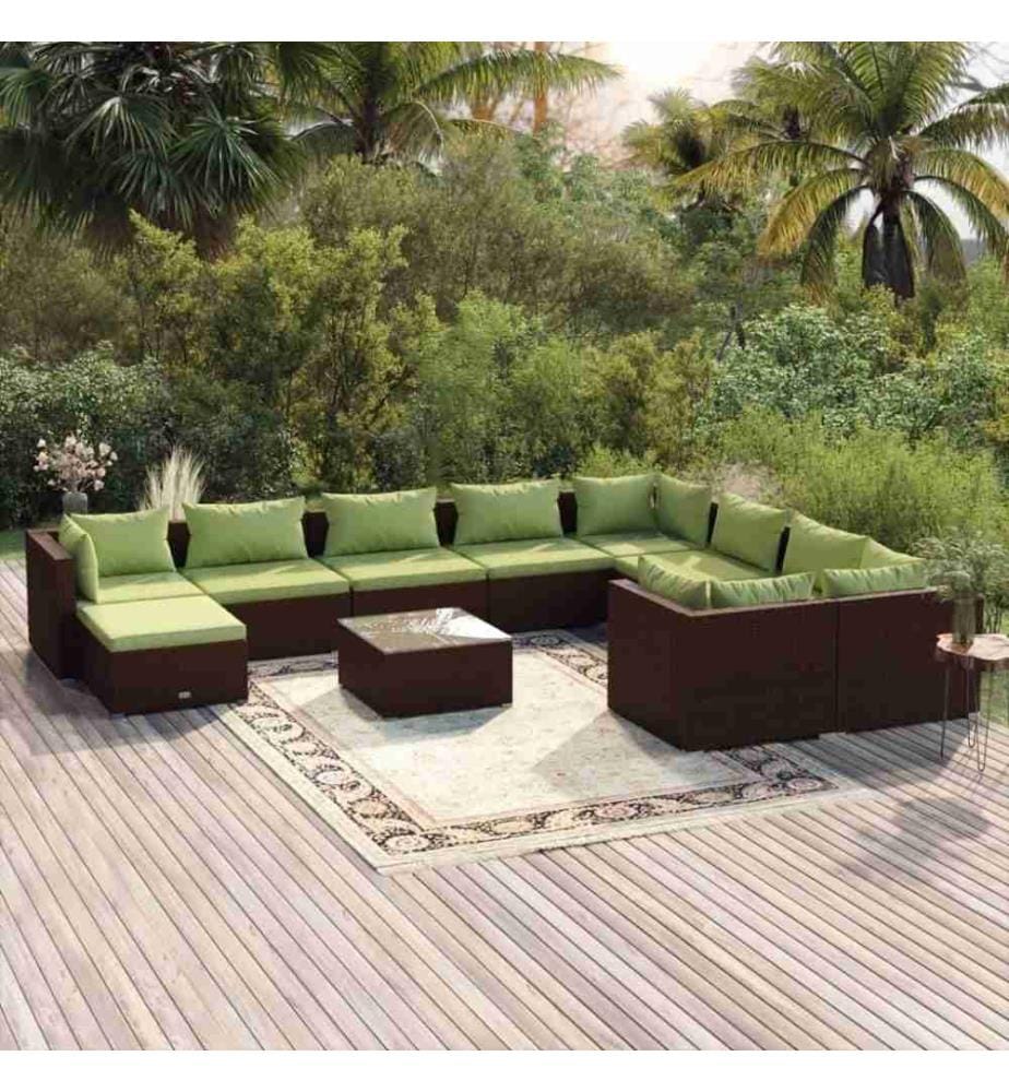 11-tlg. Garten-Lounge-Set mit Kissen Poly Rattan Braun