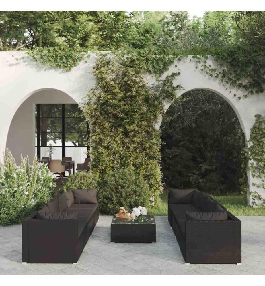 9-tlg. Garten-Lounge-Set mit Kissen Poly Rattan Schwarz