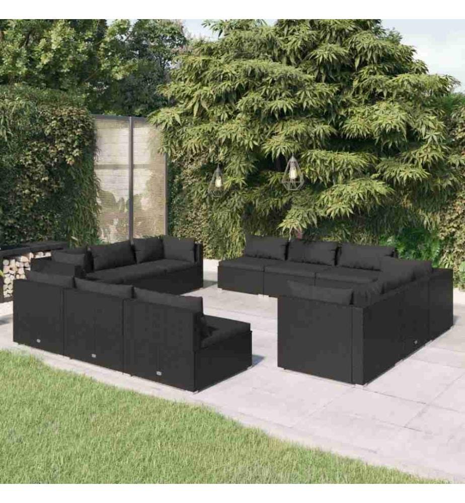 12-tlg. Garten-Lounge-Set mit Kissen Poly Rattan Schwarz