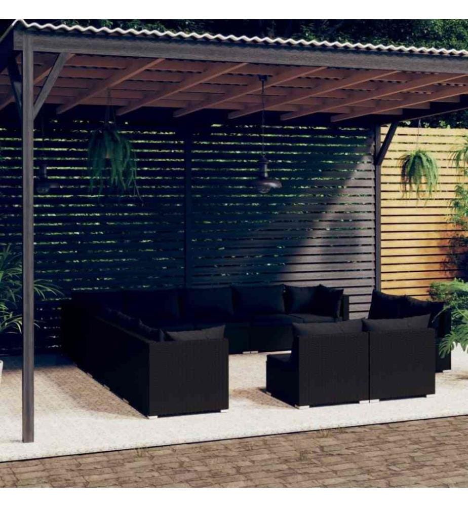 Salon de jardin 13 pcs avec coussins Noir Résine tressée