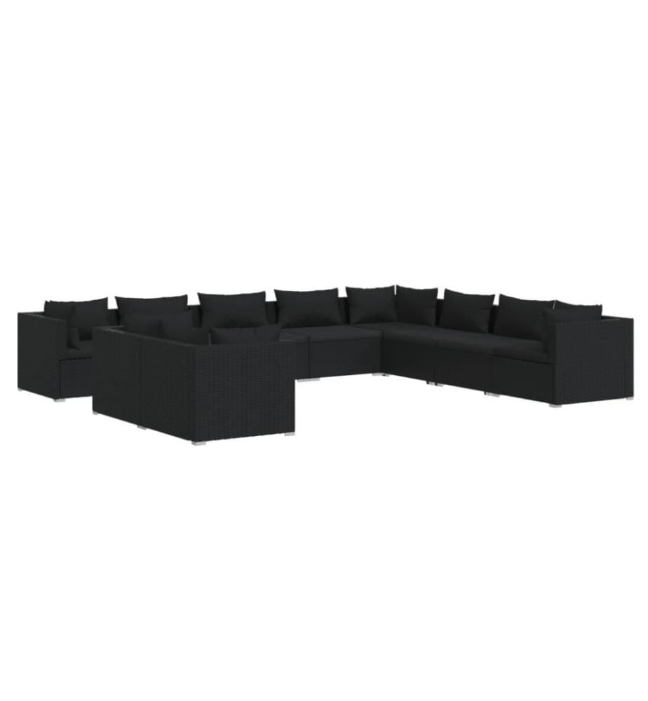 10-tlg. Garten-Lounge-Set mit Kissen Schwarz Poly Rattan
