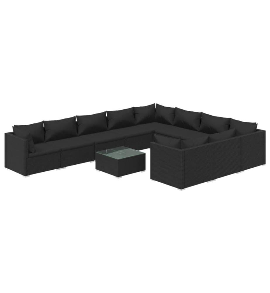 11-tlg. Garten-Lounge-Set mit Kissen Poly Rattan Schwarz