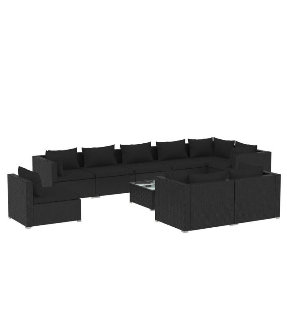 10-tlg. Garten-Lounge-Set mit Kissen Poly Rattan Schwarz