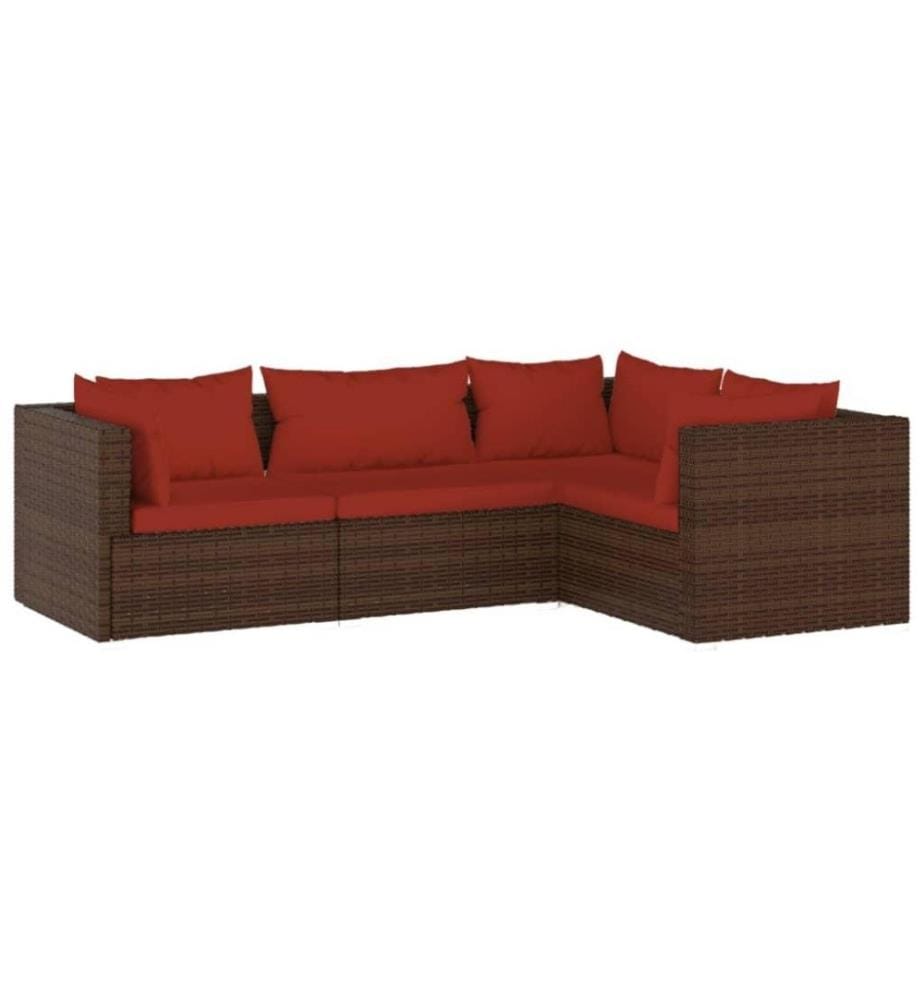 Salon de jardin 4 pcs avec coussins Résine tressée Marron