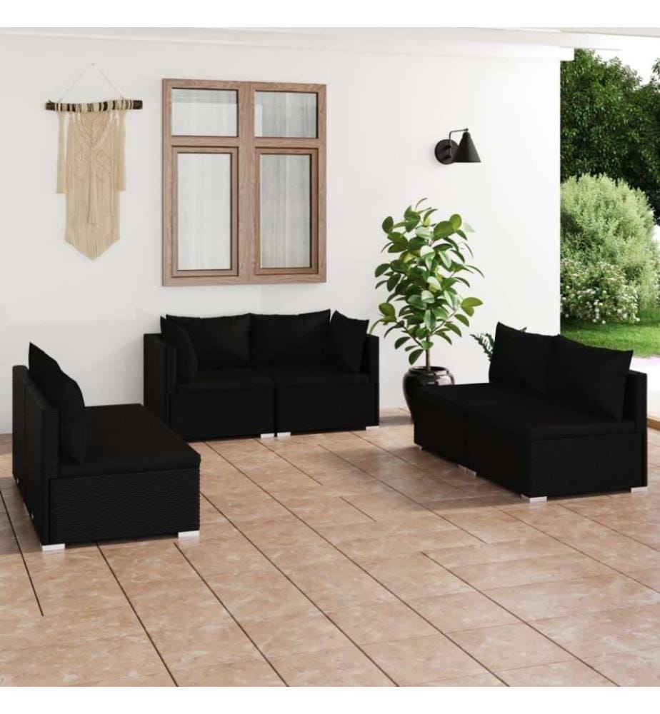 6-tlg. Garten-Lounge-Set mit Kissen Poly Rattan Schwarz
